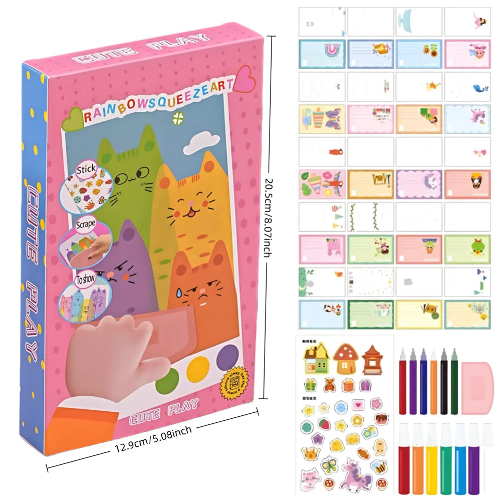 Rainbowsqueezart children's play art kit shown with its illustrated box, a sheet of small colored stickers, and a set of crayons and markers on a white background. The box features colorful cartoon cats and the text 'Rainbowsqueezart' and 'Children Play'.