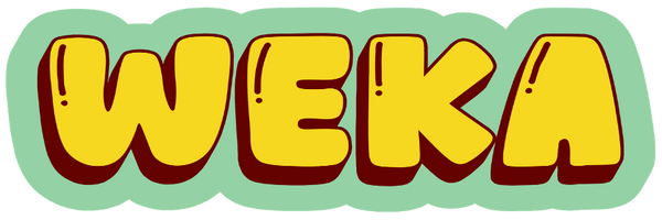 A stylized graphic reading 'WEKA' in bold yellow letters with a dark red outline and a light green rounded background, shown on a plain white field.